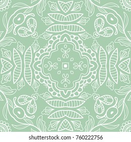 Decorative hand drawn seamless pattern. Colorful abstract art, stylized floral doodle background. Tribal ethnic ornate decoration. Arabic, indian, turkish ornament. Vector geometric repeating texture