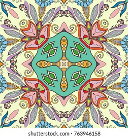 Decorative hand drawn seamless pattern. Colorful abstract art, stylized floral doodle background. Tribal ethnic ornate decoration. Arabic, indian, turkish ornament. Vector geometric repeating texture