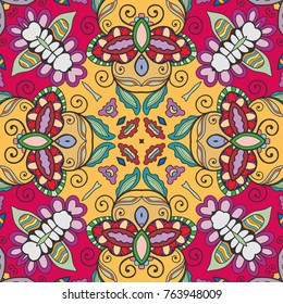 Decorative hand drawn seamless pattern. Colorful abstract art, stylized floral doodle background. Tribal ethnic ornate decoration. Arabic, indian, turkish ornament. Vector geometric repeating texture