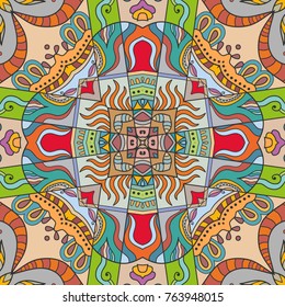 Decorative hand drawn seamless pattern. Colorful abstract art, stylized floral doodle background. Tribal ethnic ornate decoration. Arabic, indian, turkish ornament. Vector geometric repeating texture