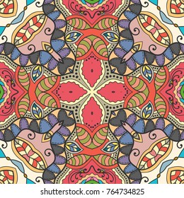 Decorative hand drawn seamless pattern. Colorful abstract art, stylized floral doodle background. Tribal ethnic ornate decoration. Arabic, indian, turkish ornament. Vector geometric repeating texture