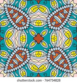 Decorative hand drawn seamless pattern. Colorful abstract art, stylized floral doodle background. Tribal ethnic ornate decoration. Arabic, indian, turkish ornament. Vector geometric repeating texture