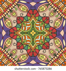 Decorative hand drawn seamless pattern. Colorful abstract art, stylized floral doodle background. Tribal ethnic ornate decoration. Arabic, indian, turkish ornament. Vector geometric repeating texture