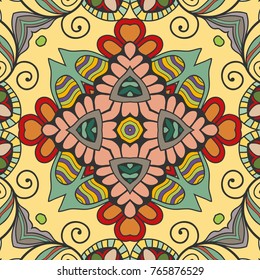 Decorative hand drawn seamless pattern. Colorful abstract art, stylized floral doodle background. Tribal ethnic ornate decoration. Arabic, indian, turkish ornament. Vector geometric repeating texture