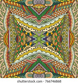 Decorative hand drawn seamless pattern. Colorful abstract art, stylized floral doodle background. Tribal ethnic ornate decoration. Arabic, indian, turkish ornament. Vector geometric repeating texture