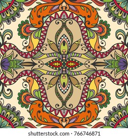 Decorative hand drawn seamless pattern. Colorful abstract art, stylized floral doodle background. Tribal ethnic ornate decoration. Arabic, indian, turkish ornament. Vector geometric repeating texture