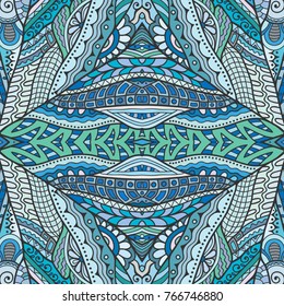 Decorative hand drawn seamless pattern. Colorful abstract art, stylized floral doodle background. Tribal ethnic ornate decoration. Arabic, indian, turkish ornament. Vector geometric repeating texture