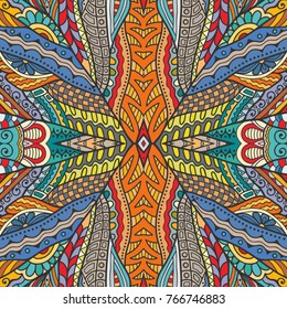 Decorative hand drawn seamless pattern. Colorful abstract art, stylized floral doodle background. Tribal ethnic ornate decoration. Arabic, indian, turkish ornament. Vector geometric repeating texture