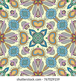 Decorative hand drawn seamless pattern. Colorful abstract art, stylized floral doodle background. Tribal ethnic ornate decoration. Arabic, indian, turkish ornament. Vector geometric repeating texture