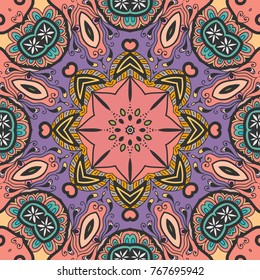 Decorative hand drawn seamless pattern. Colorful abstract art, stylized floral doodle background. Tribal ethnic ornate decoration. Arabic, indian, turkish ornament. Vector geometric repeating texture