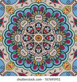 Decorative hand drawn seamless pattern. Colorful abstract art, stylized floral doodle background. Tribal ethnic ornate decoration. Arabic, indian, turkish ornament. Vector geometric repeating texture