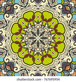 Decorative hand drawn seamless pattern. Colorful abstract art, stylized floral doodle background. Tribal ethnic ornate decoration. Arabic, indian, turkish ornament. Vector geometric repeating texture