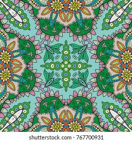 Decorative hand drawn seamless pattern. Colorful abstract art, stylized floral doodle background. Tribal ethnic ornate decoration. Arabic, indian, turkish ornament. Vector geometric repeating texture