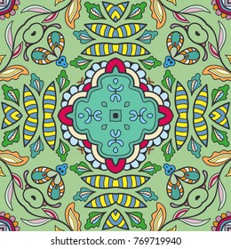 Decorative hand drawn seamless pattern. Colorful abstract art, stylized floral doodle background. Tribal ethnic ornate decoration. Arabic, indian, turkish ornament. Vector geometric repeating texture