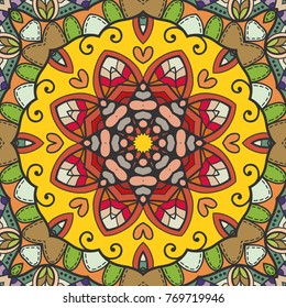 Decorative hand drawn seamless pattern. Colorful abstract art, stylized floral doodle background. Tribal ethnic ornate decoration. Arabic, indian, turkish ornament. Vector geometric repeating texture