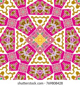 Decorative hand drawn seamless pattern. Colorful abstract art, stylized floral doodle background. Tribal ethnic ornate decoration. Arabic, indian, turkish ornament. Vector geometric repeating texture