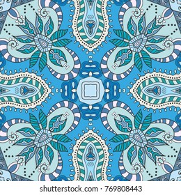 Decorative hand drawn seamless pattern. Colorful abstract art, stylized floral doodle background. Tribal ethnic ornate decoration. Arabic, indian, turkish ornament. Vector geometric repeating texture