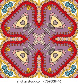 Decorative hand drawn seamless pattern. Colorful abstract art, stylized floral doodle background. Tribal ethnic ornate decoration. Arabic, indian, turkish ornament. Vector geometric repeating texture