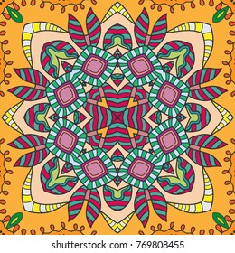 Decorative hand drawn seamless pattern. Colorful abstract art, stylized floral doodle background. Tribal ethnic ornate decoration. Arabic, indian, turkish ornament. Vector geometric repeating texture