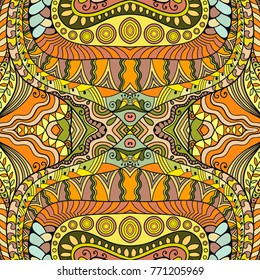 Decorative hand drawn seamless pattern. Colorful abstract art, stylized floral doodle background. Tribal ethnic ornate decoration. Arabic, indian, turkish ornament. Vector geometric repeating texture