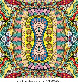 Decorative hand drawn seamless pattern. Colorful abstract art, stylized floral doodle background. Tribal ethnic ornate decoration. Arabic, indian, turkish ornament. Vector geometric repeating texture