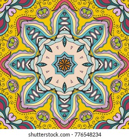 Decorative hand drawn seamless pattern. Colorful abstract art, stylized floral doodle background. Tribal ethnic ornate decoration. Arabic, indian, turkish ornament. Vector geometric repeating texture