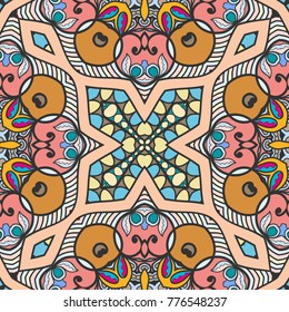 Decorative hand drawn seamless pattern. Colorful abstract art, stylized floral doodle background. Tribal ethnic ornate decoration. Arabic, indian, turkish ornament. Vector geometric repeating texture