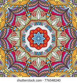 Decorative hand drawn seamless pattern. Colorful abstract art, stylized floral doodle background. Tribal ethnic ornate decoration. Arabic, indian, turkish ornament. Vector geometric repeating texture