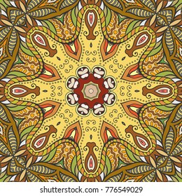 Decorative hand drawn seamless pattern. Colorful abstract art, stylized floral doodle background. Tribal ethnic ornate decoration. Arabic, indian, turkish ornament. Vector geometric repeating texture