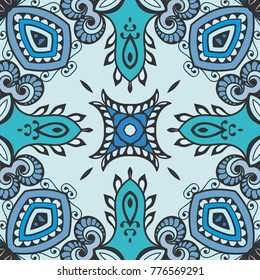 Decorative hand drawn seamless pattern. Colorful abstract art, stylized floral doodle background. Tribal ethnic ornate decoration. Arabic, indian, turkish ornament. Vector geometric repeating texture