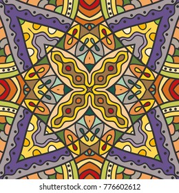 Decorative hand drawn seamless pattern. Colorful abstract art, stylized floral doodle background. Tribal ethnic ornate decoration. Arabic, indian, turkish ornament. Vector geometric repeating texture