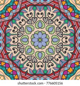 Decorative hand drawn seamless pattern. Colorful abstract art, stylized floral doodle background. Tribal ethnic ornate decoration. Arabic, indian, turkish ornament. Vector geometric repeating texture