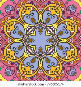 Decorative hand drawn seamless pattern. Colorful abstract art, stylized floral doodle background. Tribal ethnic ornate decoration. Arabic, indian, turkish ornament. Vector geometric repeating texture