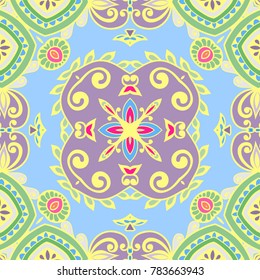 Decorative hand drawn seamless pattern. Colorful abstract art, stylized floral doodle background. Tribal ethnic ornate decoration. Arabic, indian, turkish ornament. Vector geometric repeating texture