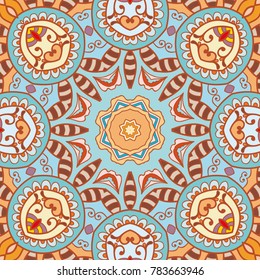 Decorative hand drawn seamless pattern. Colorful abstract art, stylized floral doodle background. Tribal ethnic ornate decoration. Arabic, indian, turkish ornament. Vector geometric repeating texture