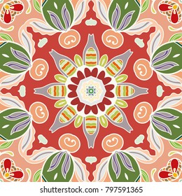 Decorative hand drawn seamless pattern. Colorful abstract art, stylized floral doodle background. Tribal ethnic ornate decoration. Arabic, indian, turkish ornament. Vector geometric repeating texture
