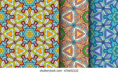 Decorative hand drawn seamless patterns set. Colorful abstract art, stylized floral doodle background. Tribal ethnic ornate decoration. Arabic, indian, turkish ornament, geometric repeating texture