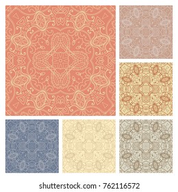 Decorative hand drawn seamless patterns set. Graphic abstract art, stylized floral doodle background. Tribal ethnic ornate decoration. Arabic, indian, turkish ornament. Vector geometric repeating text