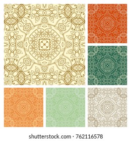 Decorative hand drawn seamless patterns set. Graphic abstract art, stylized floral doodle background. Tribal ethnic ornate decoration. Arabic, indian, turkish ornament. Vector geometric repeating text