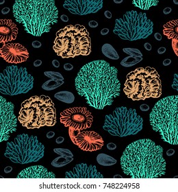 Decorative Hand drawn seamless Sea. Sea corals. Graphic seamless pattern. Seamless for fabric design, gift wrapping paper and printing and web projects.