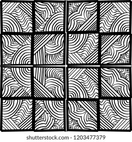 Decorative hand drawn seamless vector pattern. Simple sketchy stripe lines arranged in square rectangle. Ethnic style black and white minimalistic background.