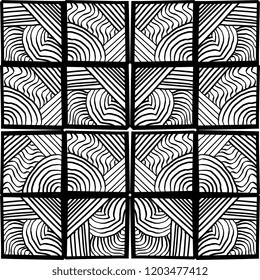 Decorative hand drawn seamless vector pattern. Simple sketchy stripe lines arranged in square rectangle. Ethnic style black and white minimalistic background.