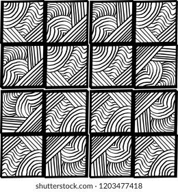 Decorative hand drawn seamless vector pattern. Simple sketchy stripe lines arranged in square rectangle. Ethnic style black and white minimalistic background.