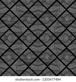 Decorative hand drawn seamless vector pattern. Simple sketchy stripe lines arranged in square rectangle. Ethnic style black and white minimalistic background.