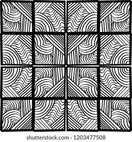 Decorative hand drawn seamless vector pattern. Simple sketchy stripe lines arranged in square rectangle. Ethnic style black and white minimalistic background.