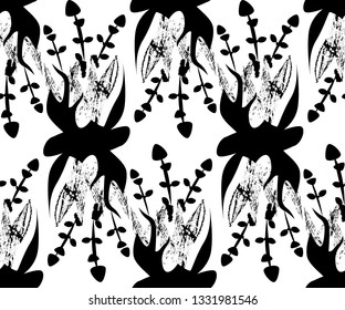 Decorative hand drawn seamless vector pattern.  Ethnic style black and white minimalistic background. Abstract floral design. - Vector graphics