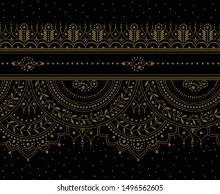 Decorative hand drawn seamless vector pattern.  Ethnic style gold minimalistic background. Hand-Drawn Henna Mehndi Tattoo Flower and Paisley Border Doodle.