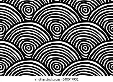 Decorative hand drawn seamless vector pattern. Simple sketchy semi circles arranged in rows. Ethnic style black and white minimalistic background. Stylized fish scale.
