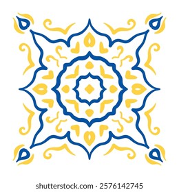 Decorative hand drawn tile pattern with blue and yellow design elements inspired by traditional motifs vector illustration