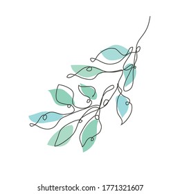 Decorative hand drawn  tree branch with leaves, design element. Can be used for cards, invitations, banners, posters, print design. Continuous line art style